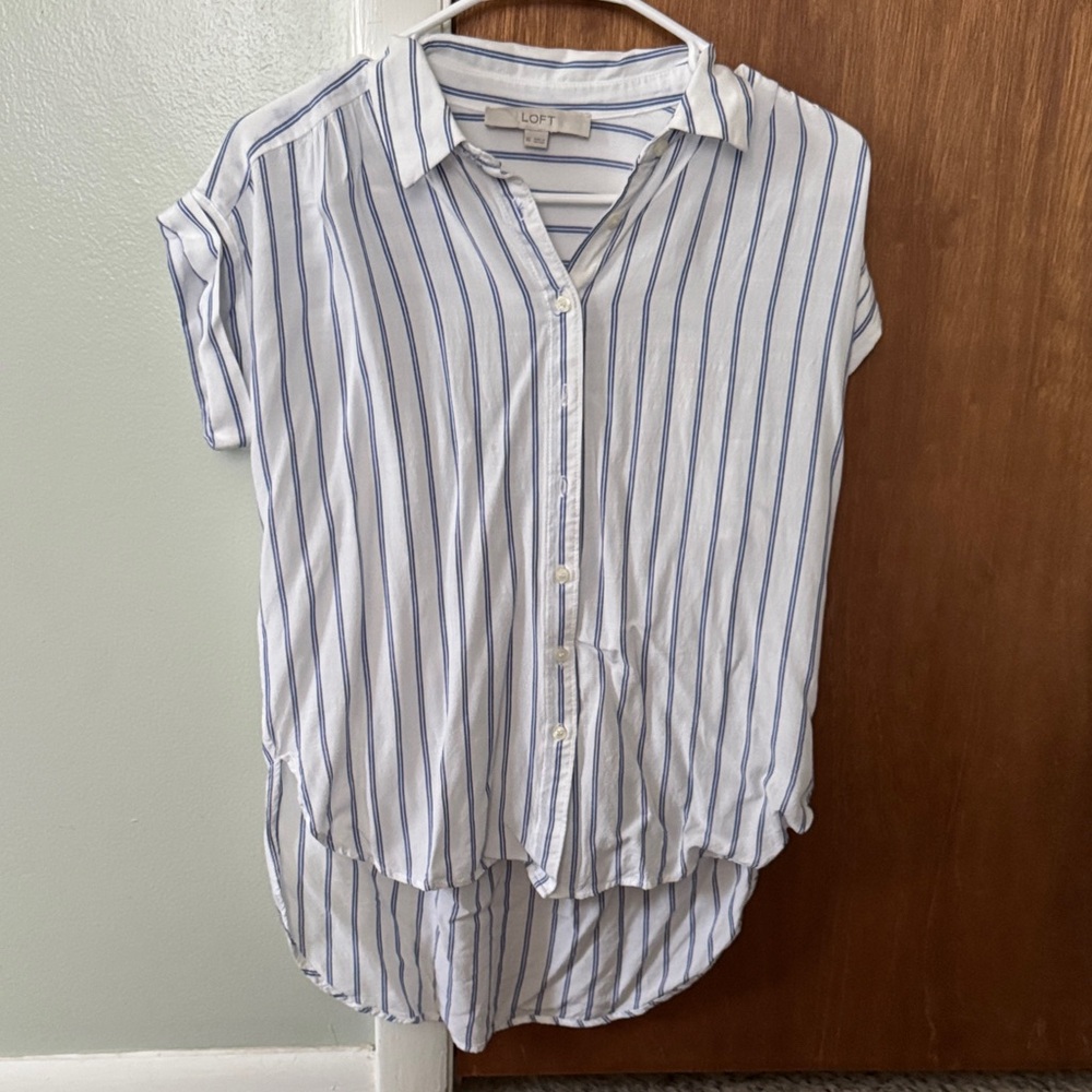 LOFT White and Blue Striped Button Down Shirt
